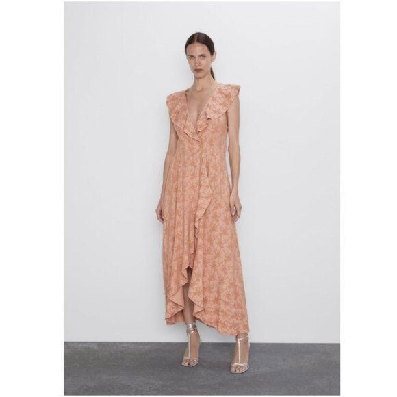 Zara Peach Floral‎ Jacquard Ruffle Sleeve Whimsigoth Hi-Lo Maxi Dress Sz. M - Picture 1 of 12